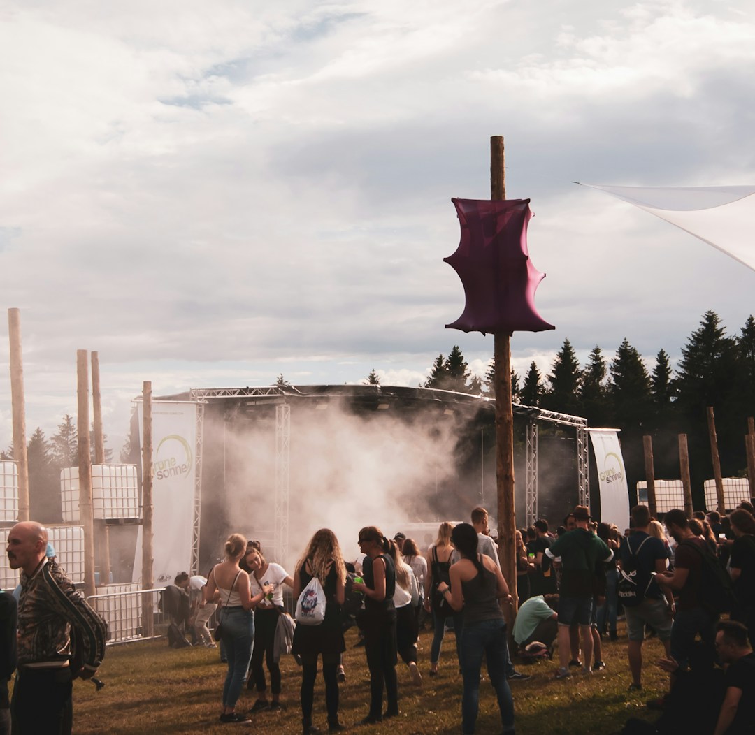 A diverse group of people gathers outdoors at a festival or event, featuring a stage with lighting and smoke effects. There are tall, wooden poles and an artistic canopy structure set against a backdrop of trees. The scene captures a relaxed and social atmosphere.